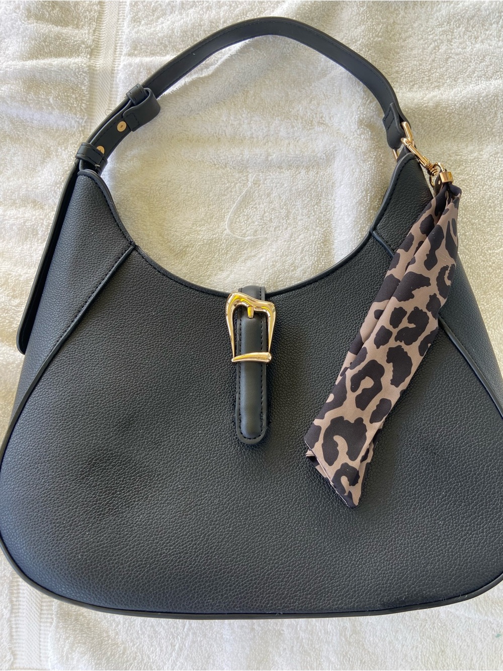 Anne Klein Black Hobo Bag with Gold Buckle and Leopard Scarf